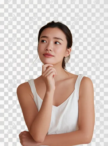 A beautiful Korean female model asking herself a question, questioning gaze, she is wondering what type of skin she has. She has sleek pulled back hair and is wearing a white top. set against a clean light ivory background. The overall style is minimalistic, modern, and elegant. 4k, professional photo, super realistic skin  rofile eg24e2j