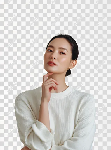 A beautiful Korean female model asking herself a question, questioning gaze, she is wondering what type of skin she has. She has sleek pulled back hair and is wearing a white top. set against a clean light ivory background. The overall style is minimalistic, modern, and elegant. 4k, professional photo, super realistic skin  rofile eg24e2j