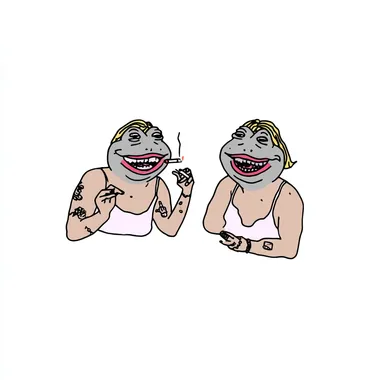 Two exaggerated anthropomorphic frog women smoking and laughing, styled as caricatures with heavy makeup, tattoos, piercings and bold fashion. absurd humor cartoon illustration, isolated background  rofile 4evwzv7