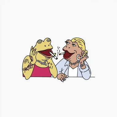 Two exaggerated anthropomorphic frog women smoking and laughing, styled as caricatures with heavy makeup, tattoos, piercings and bold fashion. absurd humor cartoon illustration, isolated background  rofile 4evwzv7