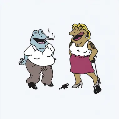 Two exaggerated anthropomorphic frog women smoking and laughing, styled as caricatures with heavy makeup, tattoos, piercings and bold fashion. absurd humor cartoon illustration, isolated background  rofile 4evwzv7