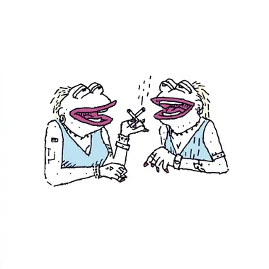 Two exaggerated anthropomorphic frog women smoking and laughing, styled as caricatures with heavy makeup, tattoos, piercings and bold fashion. absurd humor cartoon illustration, isolated background  rofile 4evwzv7