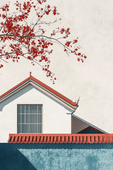 minimalist and surrealist illustrationsflat bauhaus aesthetics chinese shaanxi folk house architectural style simple blue and white background with grainy texture chinese red ornamentchinese xuan paper texture chinese freehand style