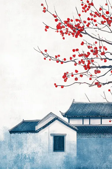minimalist and surrealist illustrationsflat bauhaus aesthetics chinese shaanxi folk house architectural style simple blue and white background with grainy texture chinese red ornamentchinese xuan paper texture chinese freehand style