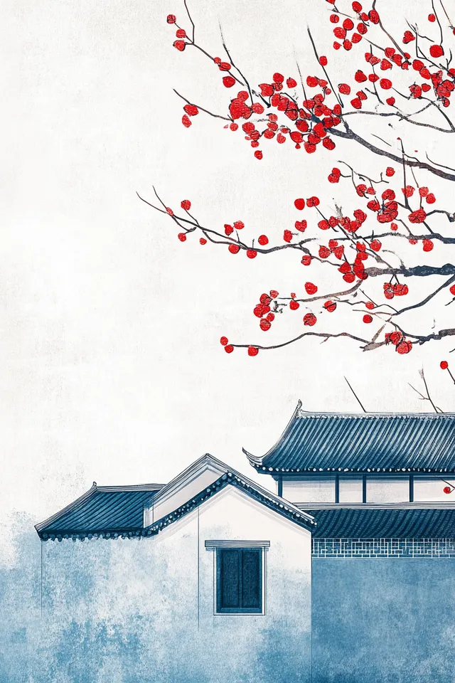 Shaanxi Folk House with Tree in Minimalist Surrealist Style, Blue Background