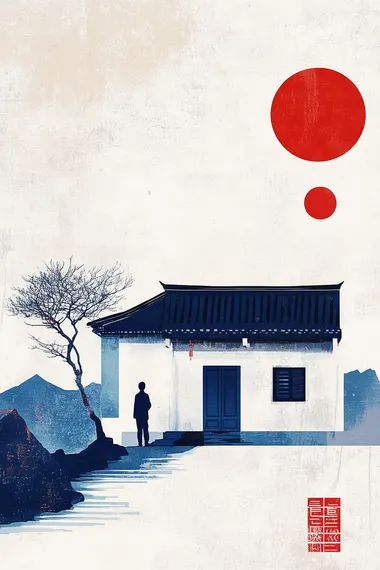 minimalist and surrealist illustrationsflat bauhaus aesthetics chinese shaanxi folk house architectural style simple blue and white background with grainy texture chinese red ornamentchinese xuan paper texture chinese freehand style
