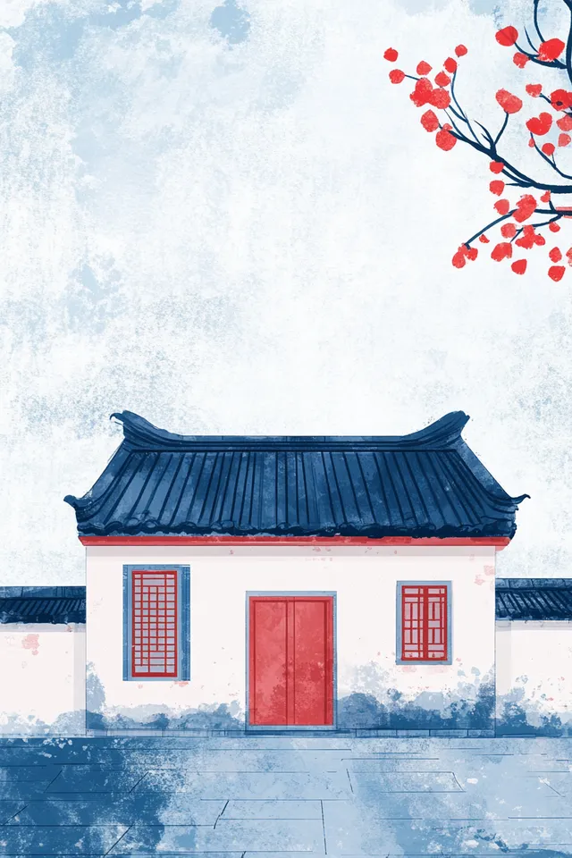 White Building with Red Door in Minimalist Shaanxi Folk Style Interior