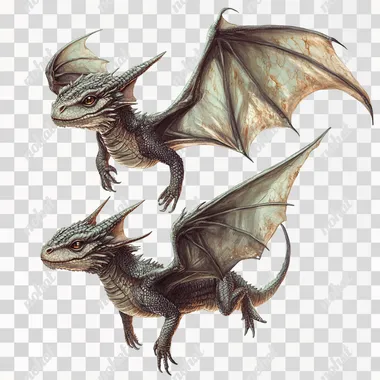 small older dragons, realistic, front view, flying up, white background