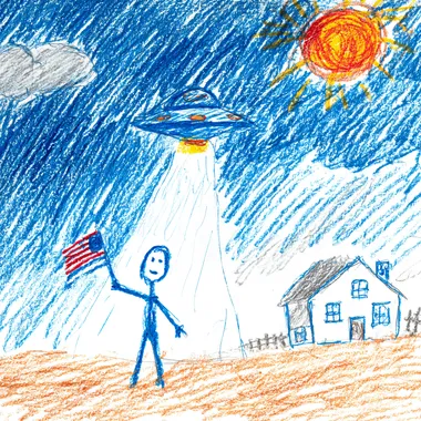 a stick figure drawing of a stick figure in blue crayons waving an American flag and a house in the background and a ufo flying over the house all in crayon and stick figures drawn by a 3 year old