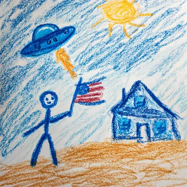 a stick figure drawing of a stick figure in blue crayons waving an American flag and a house in the background and a ufo flying over the house all in crayon and stick figures drawn by a 3 year old