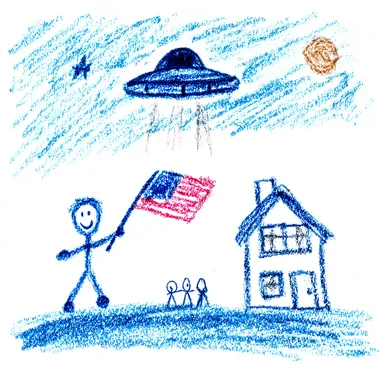 a stick figure drawing of a stick figure in blue crayons waving an American flag and a house in the background and a ufo flying over the house all in crayon and stick figures drawn by a 3 year old