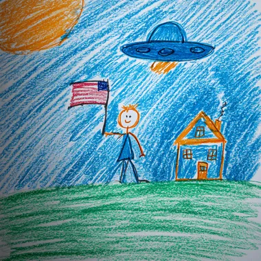 a stick figure drawing of a stick figure in blue crayons waving an American flag and a house in the background and a ufo flying over the house all in crayon and stick figures drawn by a 3 year old