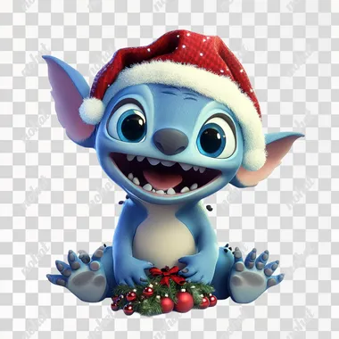 Cute Disney's Stitch is having fun at the Christmas party wearing a Christmas hat. a white background in the style of a Disney Pixar character, 3d rendering, super detail