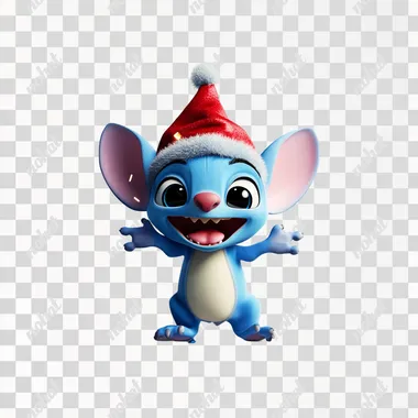 Cute Disney's Stitch is having fun at the Christmas party wearing a Christmas hat. a white background in the style of a Disney Pixar character, 3d rendering, super detail