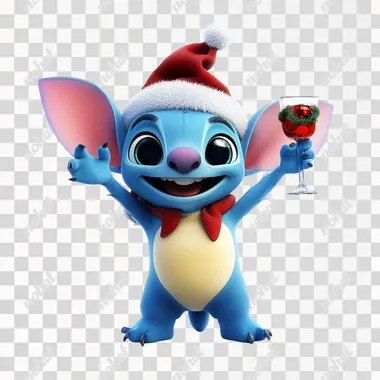 Cute Disney's Stitch is having fun at the Christmas party wearing a Christmas hat. a white background in the style of a Disney Pixar character, 3d rendering, super detail