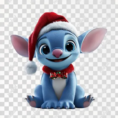 Cute Disney's Stitch is having fun at the Christmas party wearing a Christmas hat. a white background in the style of a Disney Pixar character, 3d rendering, super detail