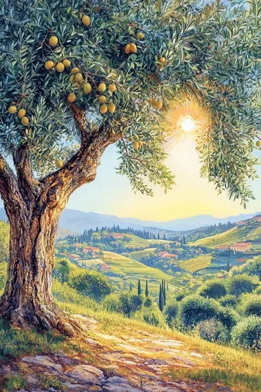 an olive tree on a hill in the Tuscan valley on a sunny day. The tree is shown in close-up, with detailed olive branches full of ripe, hanging olives. The sun shines brightly in a clear blue sky, casting natural light across the landscape. The background features the rolling hills of Tuscany, filled with lush greenery. The atmosphere is peaceful, showcasing the beauty of the olive tree and the serene landscape of the Italian countryside Style realistic high-quality