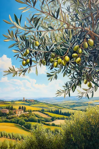 an olive tree on a hill in the Tuscan valley on a sunny day. The tree is shown in close-up, with detailed olive branches full of ripe, hanging olives. The sun shines brightly in a clear blue sky, casting natural light across the landscape. The background features the rolling hills of Tuscany, filled with lush greenery. The atmosphere is peaceful, showcasing the beauty of the olive tree and the serene landscape of the Italian countryside Style realistic high-quality