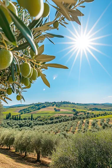 an olive tree on a hill in the Tuscan valley on a sunny day. The tree is shown in close-up, with detailed olive branches full of ripe, hanging olives. The sun shines brightly in a clear blue sky, casting natural light across the landscape. The background features the rolling hills of Tuscany, filled with lush greenery. The atmosphere is peaceful, showcasing the beauty of the olive tree and the serene landscape of the Italian countryside Style realistic high-quality