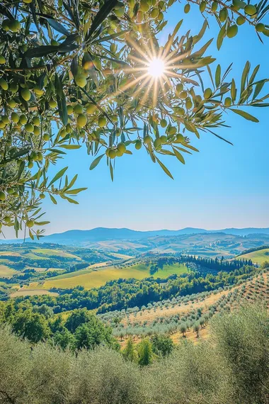 an olive tree on a hill in the Tuscan valley on a sunny day. The tree is shown in close-up, with detailed olive branches full of ripe, hanging olives. The sun shines brightly in a clear blue sky, casting natural light across the landscape. The background features the rolling hills of Tuscany, filled with lush greenery. The atmosphere is peaceful, showcasing the beauty of the olive tree and the serene landscape of the Italian countryside Style realistic high-quality