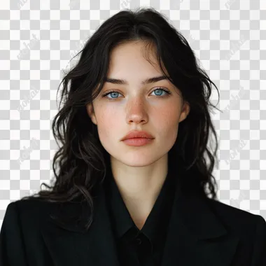 A realistic portrait of a beautiful young woman standing in front of a white background. She wears a black tailored suit, looking like a professional driver. Her long, wavy black hair falls naturally over her shoulders. She has light skin with soft natural makeup, vivid blue eyes, and defined cheekbones. Her expression is calm and composed, slightly serious, exuding quiet confidence. The lighting is soft and natural, highlighting the textures of her skin and fabric. No hat.
