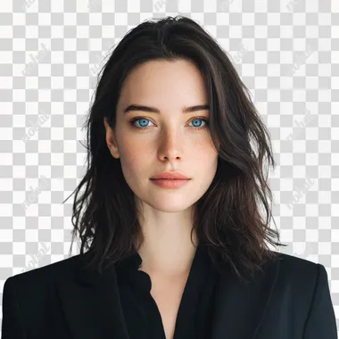 A realistic portrait of a beautiful young woman standing in front of a white background. She wears a black tailored suit, looking like a professional driver. Her long, wavy black hair falls naturally over her shoulders. She has light skin with soft natural makeup, vivid blue eyes, and defined cheekbones. Her expression is calm and composed, slightly serious, exuding quiet confidence. The lighting is soft and natural, highlighting the textures of her skin and fabric. No hat.