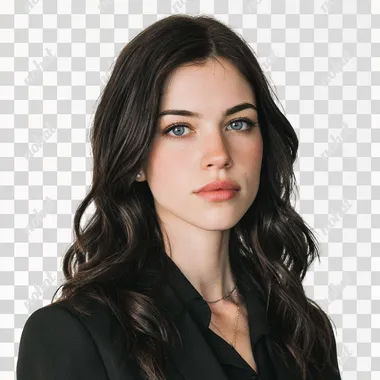A realistic portrait of a beautiful young woman standing in front of a white background. She wears a black tailored suit, looking like a professional driver. Her long, wavy black hair falls naturally over her shoulders. She has light skin with soft natural makeup, vivid blue eyes, and defined cheekbones. Her expression is calm and composed, slightly serious, exuding quiet confidence. The lighting is soft and natural, highlighting the textures of her skin and fabric. No hat.