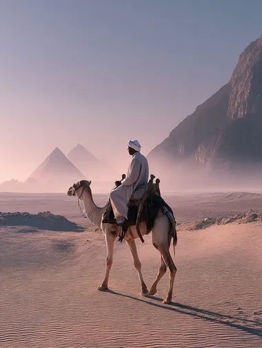 This photograph captures a serene and mystical scene of a lone rider on a camel traversing the Giza Plateau in Egypt. The image features a minimalist, almost monochromatic color palette dominated by soft pastels. The sky is a pale lavender, blending seamlessly into the misty horizon, creating a dreamy, ethereal atmosphere. The rider, positioned slightly to the right of the center, is dressed in traditional Bedouin attire: a long, flowing white robe and a turban. The camel, with its humped back and long neck, is also dressed in a similar white garment, blending with the desert landscape. The foreground is a smooth, sandy expanse, devoid of vegetation, with gentle undulations. The background showcases the iconic pyramids of Giza, their sharp edges softened by the mist, creating a sense of distance and depth. The light in the image is diffused, with rays of sunlight piercing through the mist, casting a soft glow on the sand and the rider. The overall composition is calm and contemplative, emphasizing the solitude and grandeur of the ancient Egyptian landscape.  rofile d7ov5hs   --raw