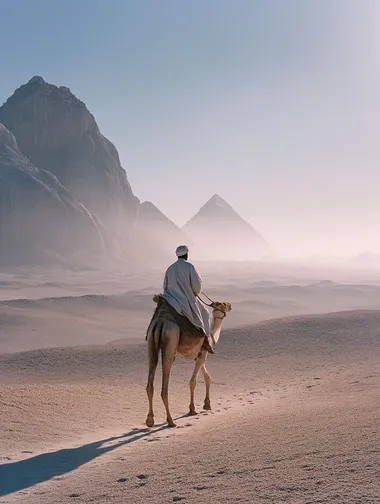 This photograph captures a serene and mystical scene of a lone rider on a camel traversing the Giza Plateau in Egypt. The image features a minimalist, almost monochromatic color palette dominated by soft pastels. The sky is a pale lavender, blending seamlessly into the misty horizon, creating a dreamy, ethereal atmosphere. The rider, positioned slightly to the right of the center, is dressed in traditional Bedouin attire: a long, flowing white robe and a turban. The camel, with its humped back and long neck, is also dressed in a similar white garment, blending with the desert landscape. The foreground is a smooth, sandy expanse, devoid of vegetation, with gentle undulations. The background showcases the iconic pyramids of Giza, their sharp edges softened by the mist, creating a sense of distance and depth. The light in the image is diffused, with rays of sunlight piercing through the mist, casting a soft glow on the sand and the rider. The overall composition is calm and contemplative, emphasizing the solitude and grandeur of the ancient Egyptian landscape.  rofile d7ov5hs   --raw
