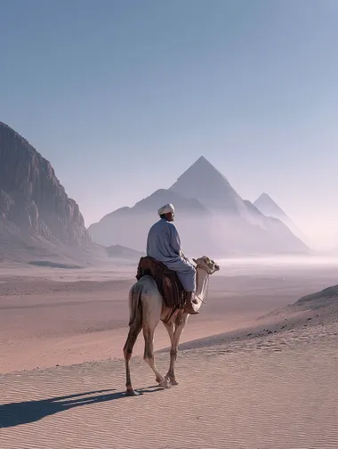This photograph captures a serene and mystical scene of a lone rider on a camel traversing the Giza Plateau in Egypt. The image features a minimalist, almost monochromatic color palette dominated by soft pastels. The sky is a pale lavender, blending seamlessly into the misty horizon, creating a dreamy, ethereal atmosphere. The rider, positioned slightly to the right of the center, is dressed in traditional Bedouin attire: a long, flowing white robe and a turban. The camel, with its humped back and long neck, is also dressed in a similar white garment, blending with the desert landscape. The foreground is a smooth, sandy expanse, devoid of vegetation, with gentle undulations. The background showcases the iconic pyramids of Giza, their sharp edges softened by the mist, creating a sense of distance and depth. The light in the image is diffused, with rays of sunlight piercing through the mist, casting a soft glow on the sand and the rider. The overall composition is calm and contemplative, emphasizing the solitude and grandeur of the ancient Egyptian landscape.  rofile d7ov5hs   --raw