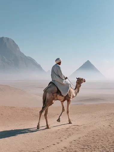 This photograph captures a serene and mystical scene of a lone rider on a camel traversing the Giza Plateau in Egypt. The image features a minimalist, almost monochromatic color palette dominated by soft pastels. The sky is a pale lavender, blending seamlessly into the misty horizon, creating a dreamy, ethereal atmosphere. The rider, positioned slightly to the right of the center, is dressed in traditional Bedouin attire: a long, flowing white robe and a turban. The camel, with its humped back and long neck, is also dressed in a similar white garment, blending with the desert landscape. The foreground is a smooth, sandy expanse, devoid of vegetation, with gentle undulations. The background showcases the iconic pyramids of Giza, their sharp edges softened by the mist, creating a sense of distance and depth. The light in the image is diffused, with rays of sunlight piercing through the mist, casting a soft glow on the sand and the rider. The overall composition is calm and contemplative, emphasizing the solitude and grandeur of the ancient Egyptian landscape.  rofile d7ov5hs   --raw