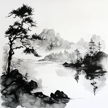 An ink style landscape, white background