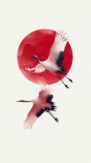 Minimalist Japanese-style painting of red sun (hinomaru) with two elegant white cranes flying, simple and powerful composition  --s 750   bi6rbmb