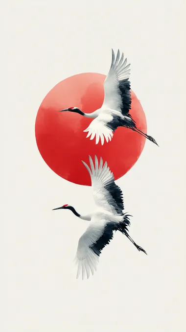 Minimalist Japanese-style painting of red sun (hinomaru) with two elegant white cranes flying, simple and powerful composition  --s 750   bi6rbmb