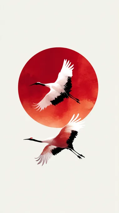 Minimalist Japanese-style painting of red sun (hinomaru) with two elegant white cranes flying, simple and powerful composition  --s 750   bi6rbmb