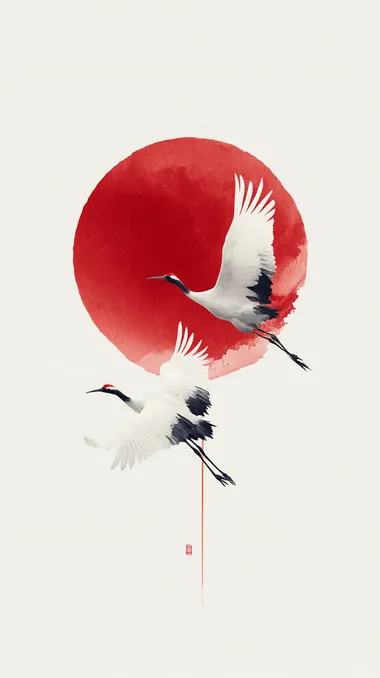 Minimalist Japanese-style painting of red sun (hinomaru) with two elegant white cranes flying, simple and powerful composition  --s 750   bi6rbmb