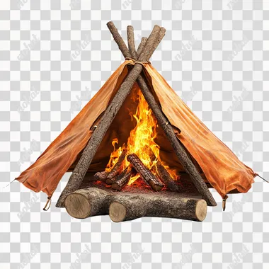 un bivouac avec un feu de camp sur fond blanc --s 250