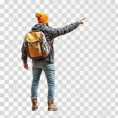 photorealistic back view of traveler pointing at something in the distance turnaround page white background