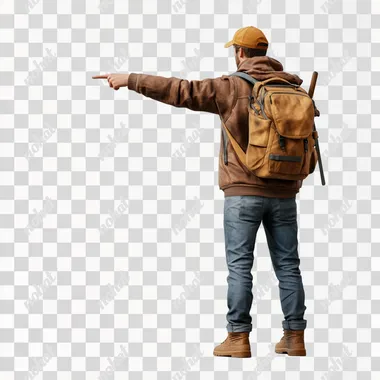 photorealistic back view of traveler pointing at something in the distance turnaround page white background