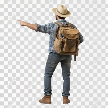photorealistic back view of traveler pointing at something in the distance turnaround page white background