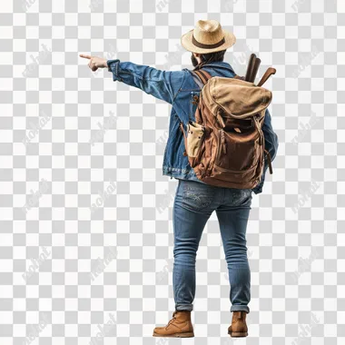 photorealistic back view of traveler pointing at something in the distance turnaround page white background