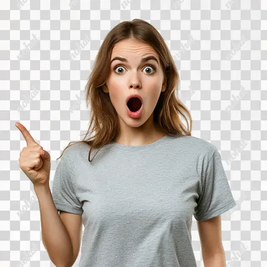 A PHOTO REALISTIC BEAUTIFUL WOMAN WEARING A T-SHIRT POINTING down with HER MOUTH OPEN IN AMAZMENT WITH A WHITE BACKGROUND