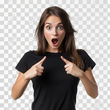 A PHOTO REALISTIC BEAUTIFUL WOMAN WEARING A T-SHIRT POINTING down with HER MOUTH OPEN IN AMAZMENT WITH A WHITE BACKGROUND