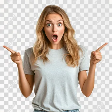 A PHOTO REALISTIC BEAUTIFUL WOMAN WEARING A T-SHIRT POINTING down with HER MOUTH OPEN IN AMAZMENT WITH A WHITE BACKGROUND
