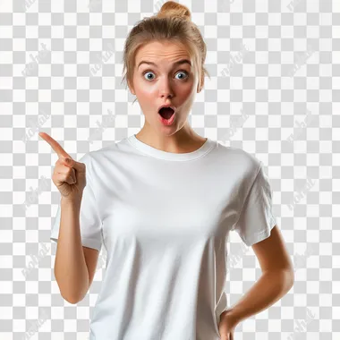 A PHOTO REALISTIC BEAUTIFUL WOMAN WEARING A T-SHIRT POINTING down with HER MOUTH OPEN IN AMAZMENT WITH A WHITE BACKGROUND