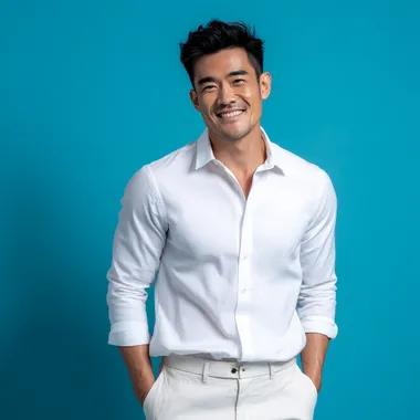 A 25-year-old Thai man, a handsome model, smiles confidently with his thick, dark hair. He is wearing a white dress shirt and posing naturally. The photo is a half-body shot with a vibrant blue background, taken in a studio. The high-resolution image captures every detail. wide lend, realistic details.