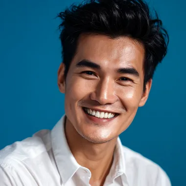 A 25-year-old Thai man, a handsome model, smiles confidently with his thick, dark hair. He is wearing a white dress shirt and posing naturally. The photo is a half-body shot with a vibrant blue background, taken in a studio. The high-resolution image captures every detail. wide lend, realistic details.