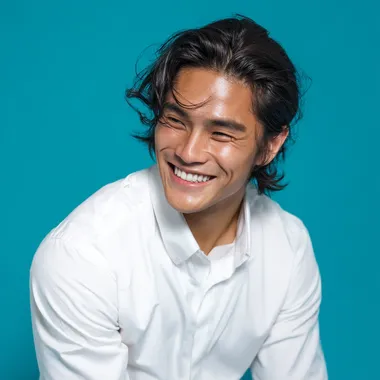 A 25-year-old Thai man, a handsome model, smiles confidently with his thick, dark hair. He is wearing a white dress shirt and posing naturally. The photo is a half-body shot with a vibrant blue background, taken in a studio. The high-resolution image captures every detail. wide lend, realistic details.