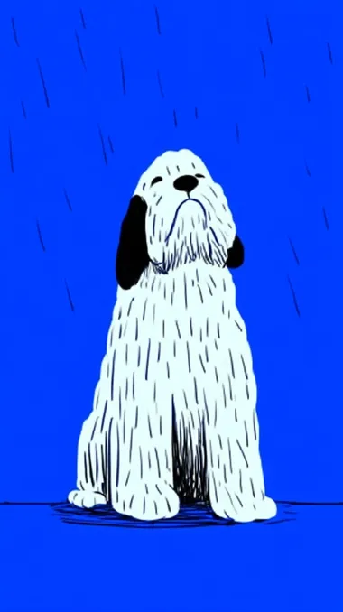 minimalistic illustration of a very sad puppy, dog. Dog sits and cries, blue fill background. sad mood