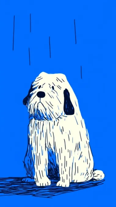 minimalistic illustration of a very sad puppy, dog. Dog sits and cries, blue fill background. sad mood